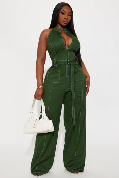 Naya Twill Zip Up Jumpsuit - Green
