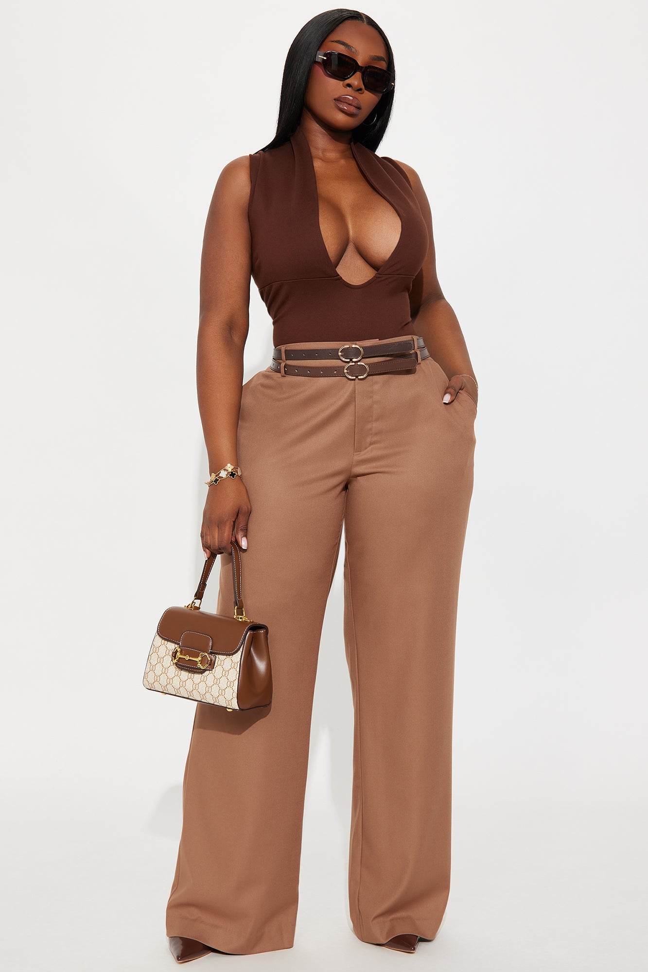 Rayna Deep V Neck Bodysuit - Brown