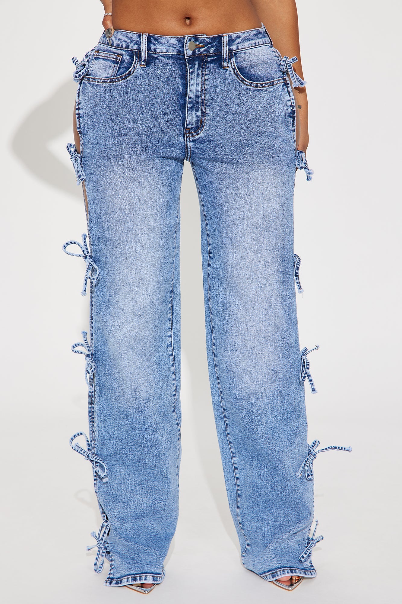 Tied In A Bow Stretch Straight Leg Jeans - Medium Wash