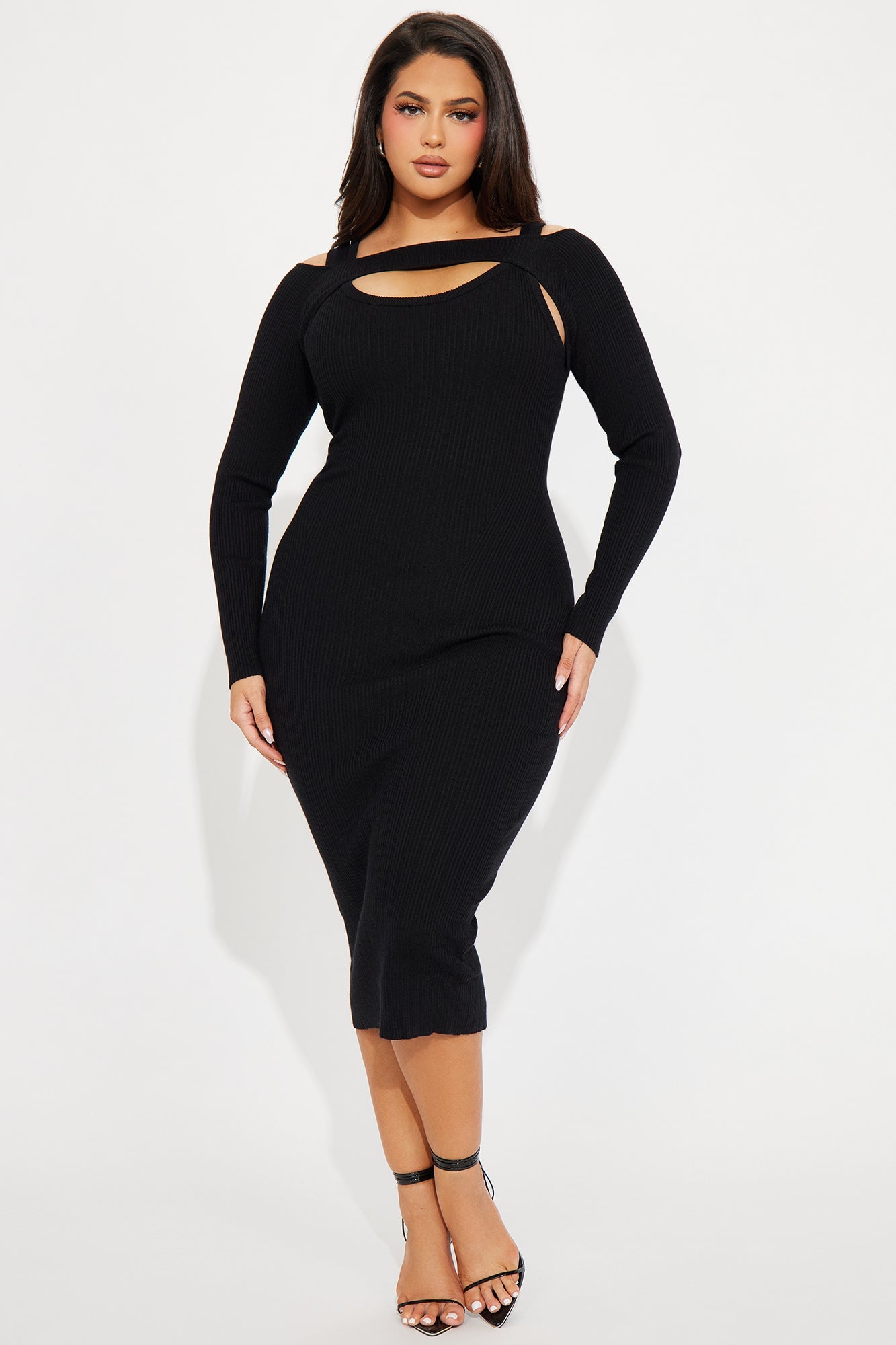 Cold Shoulder Sweater Midi Dress - Black