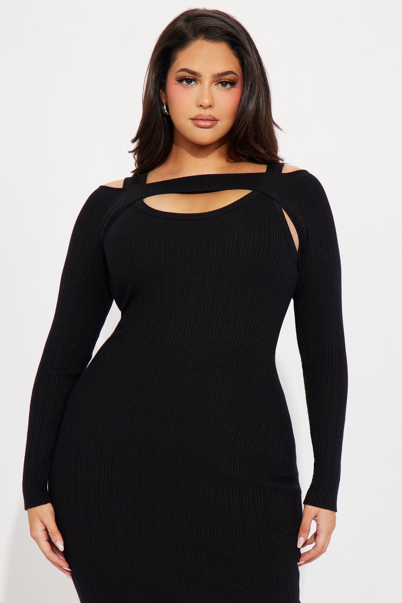Cold Shoulder Sweater Midi Dress - Black