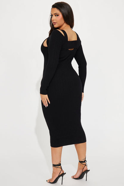 Cold Shoulder Sweater Midi Dress - Black