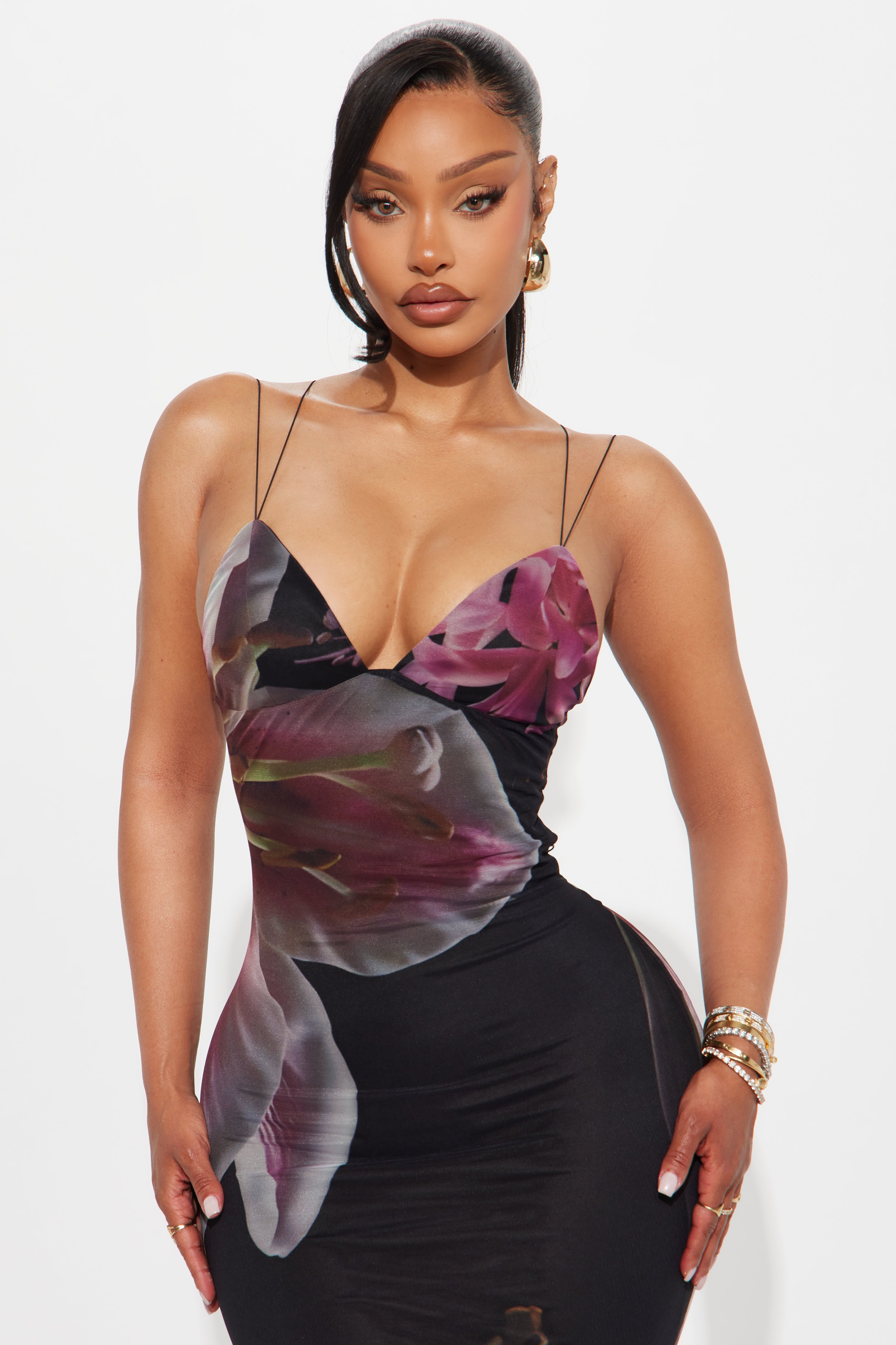 Mariposa Floral Mesh Dress - Black/combo