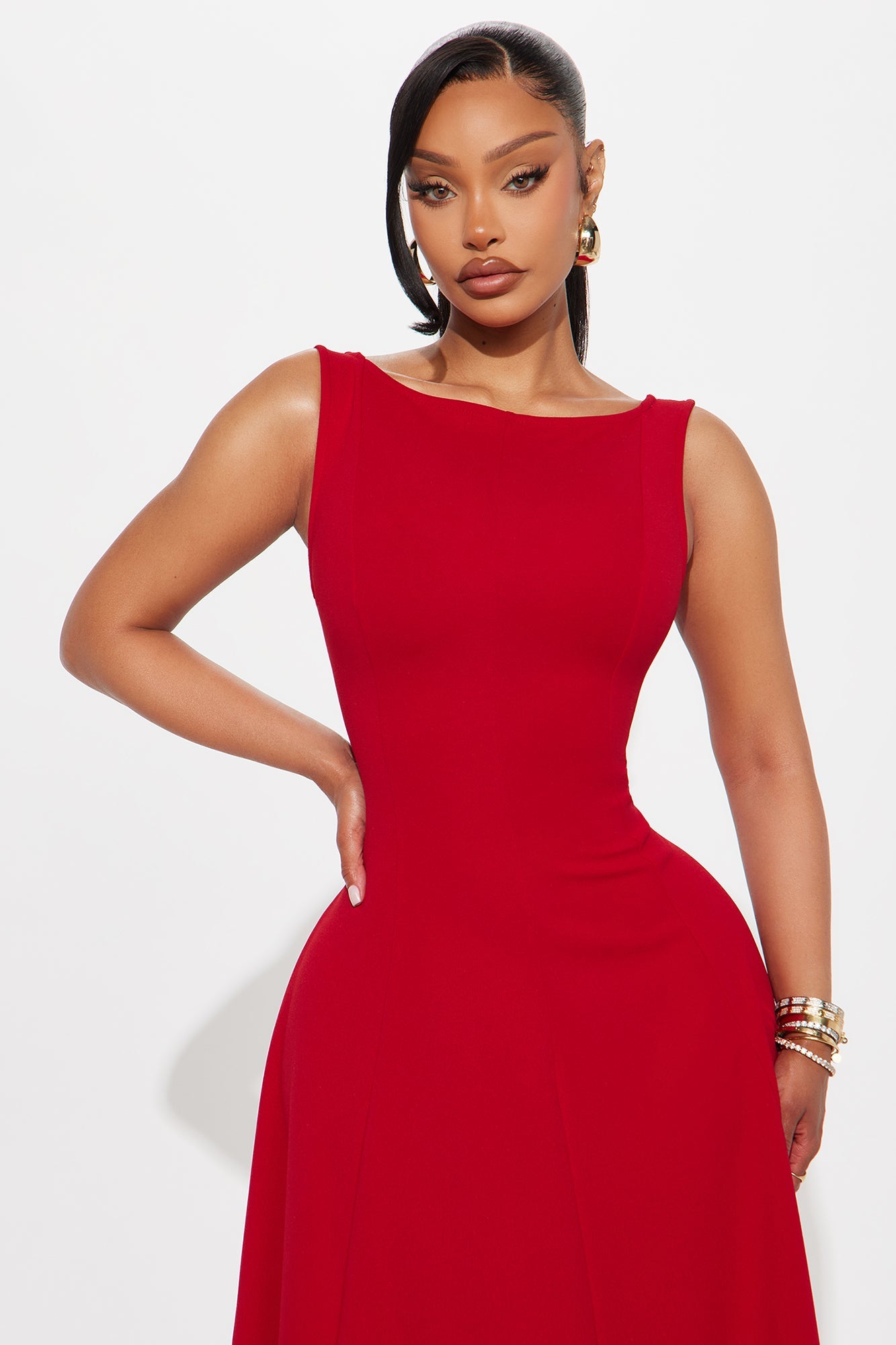 Sweet Sunday Knit Crepe Midi Dress - Red