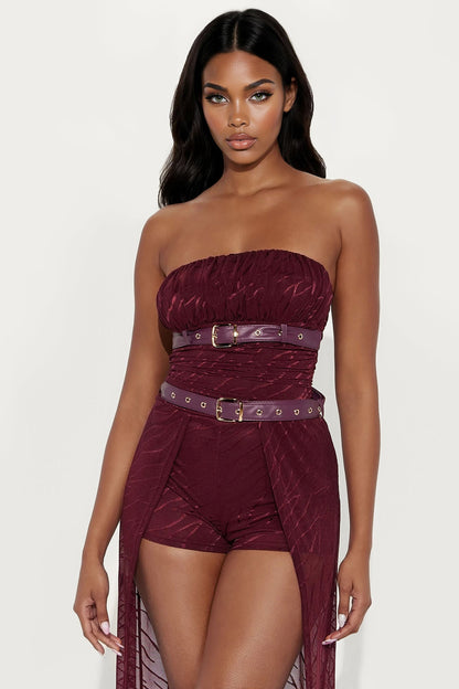 Frida Mesh Belted Romper - Burgundy