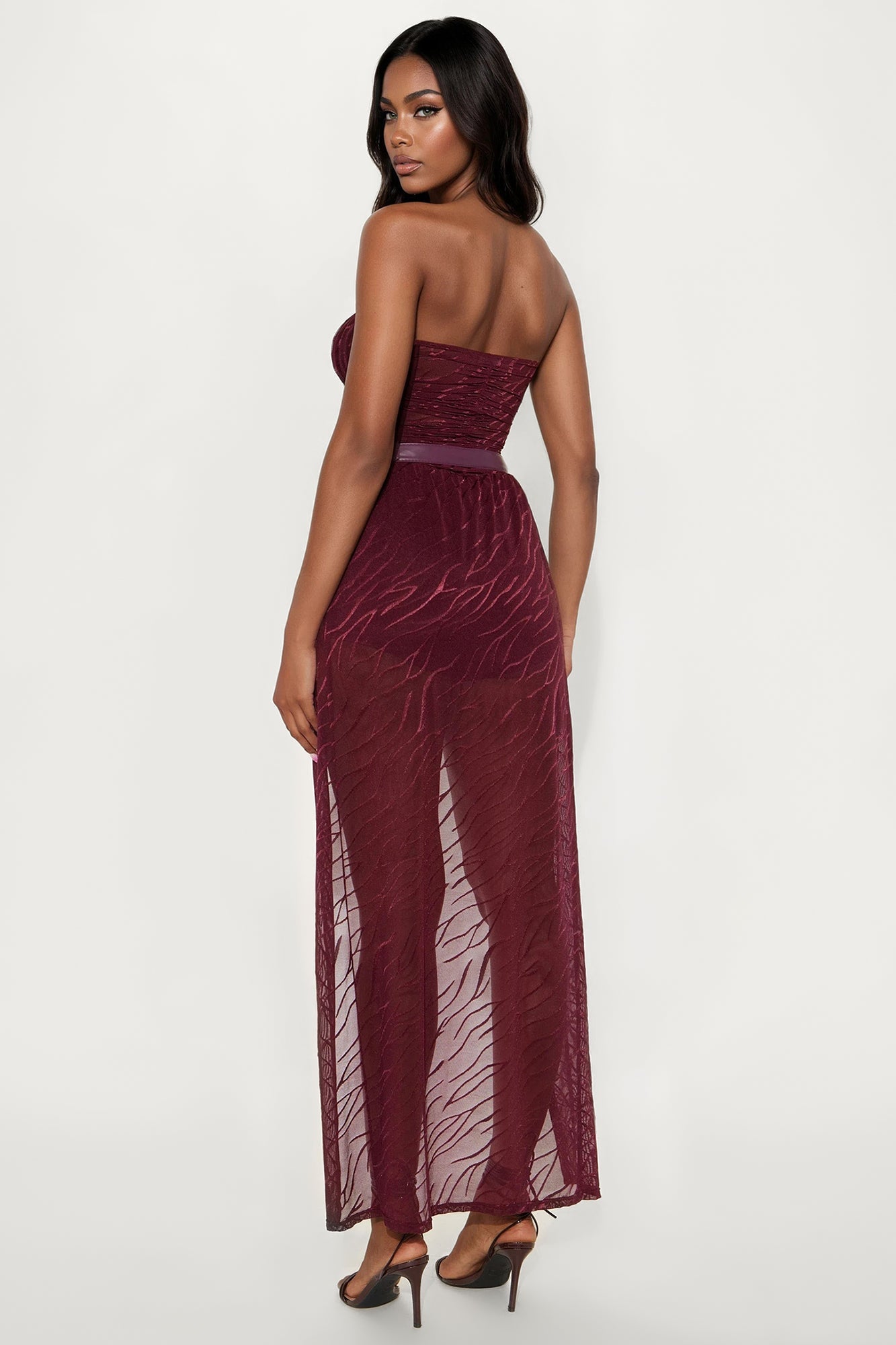 Frida Mesh Belted Romper - Burgundy