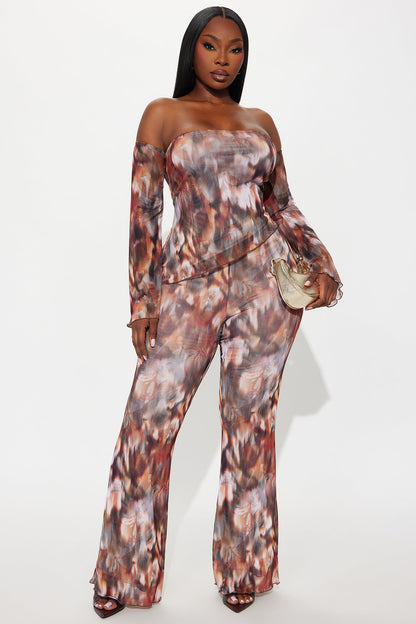 Miranda Mesh Asymmetrical Pant Set - Brown/combo