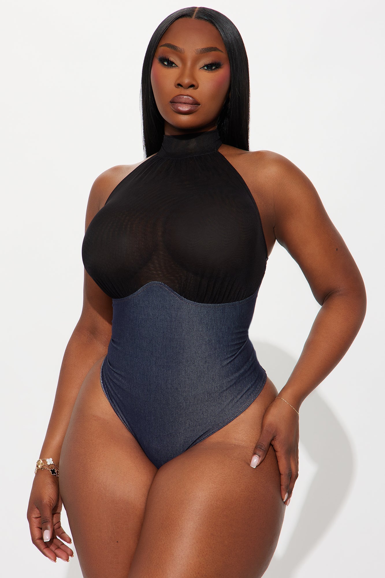 Carter Sheer Halter Mock Neck Bodysuit - Blue/combo