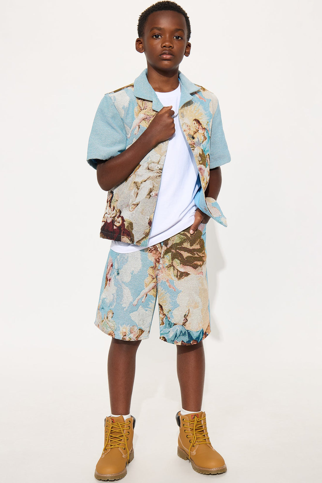 Mini Angels Tapestry Button Up Shirt - Blue/combo