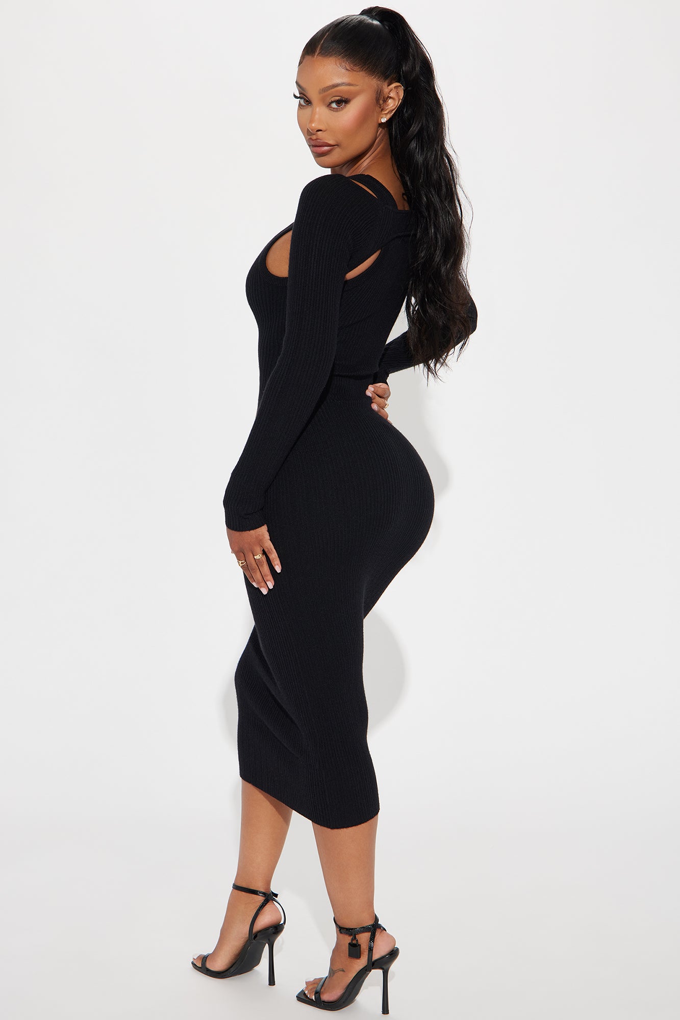 Cold Shoulder Sweater Midi Dress - Black