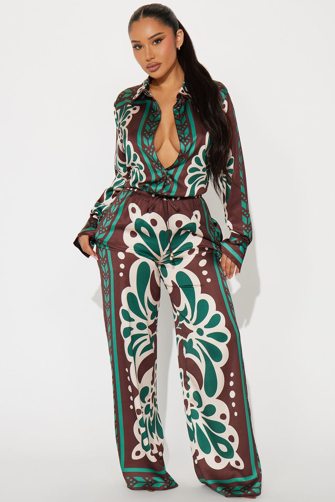 Taylor Satin Pant Set - Brown Combo