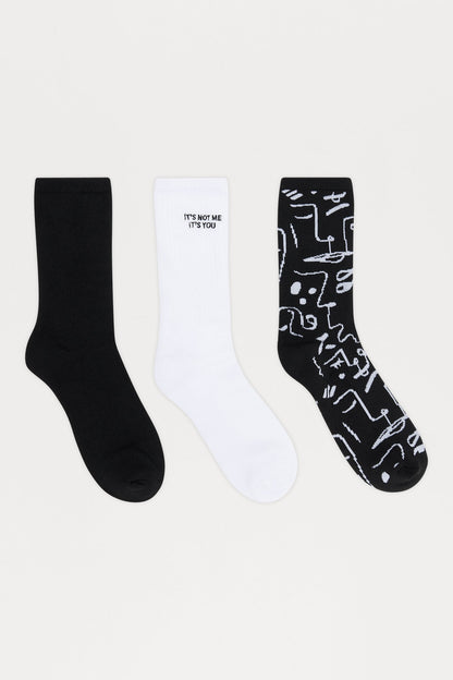 Graphic Crew Socks 3 Pack - White/Black