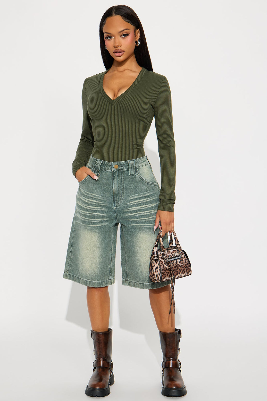 Alora Ribbed Long Sleeve Bodysuit - Olive
