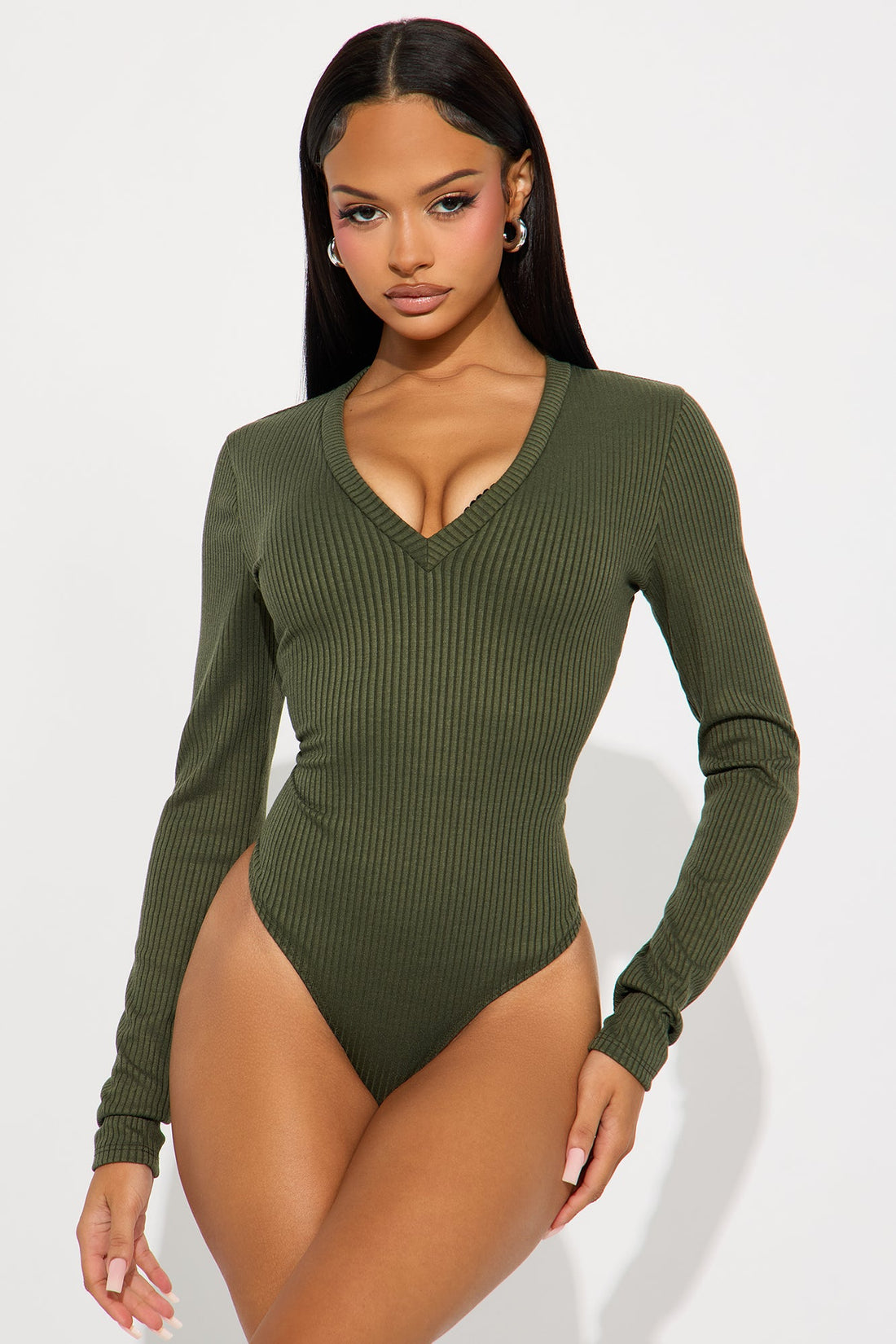 Alora Ribbed Long Sleeve Bodysuit - Olive