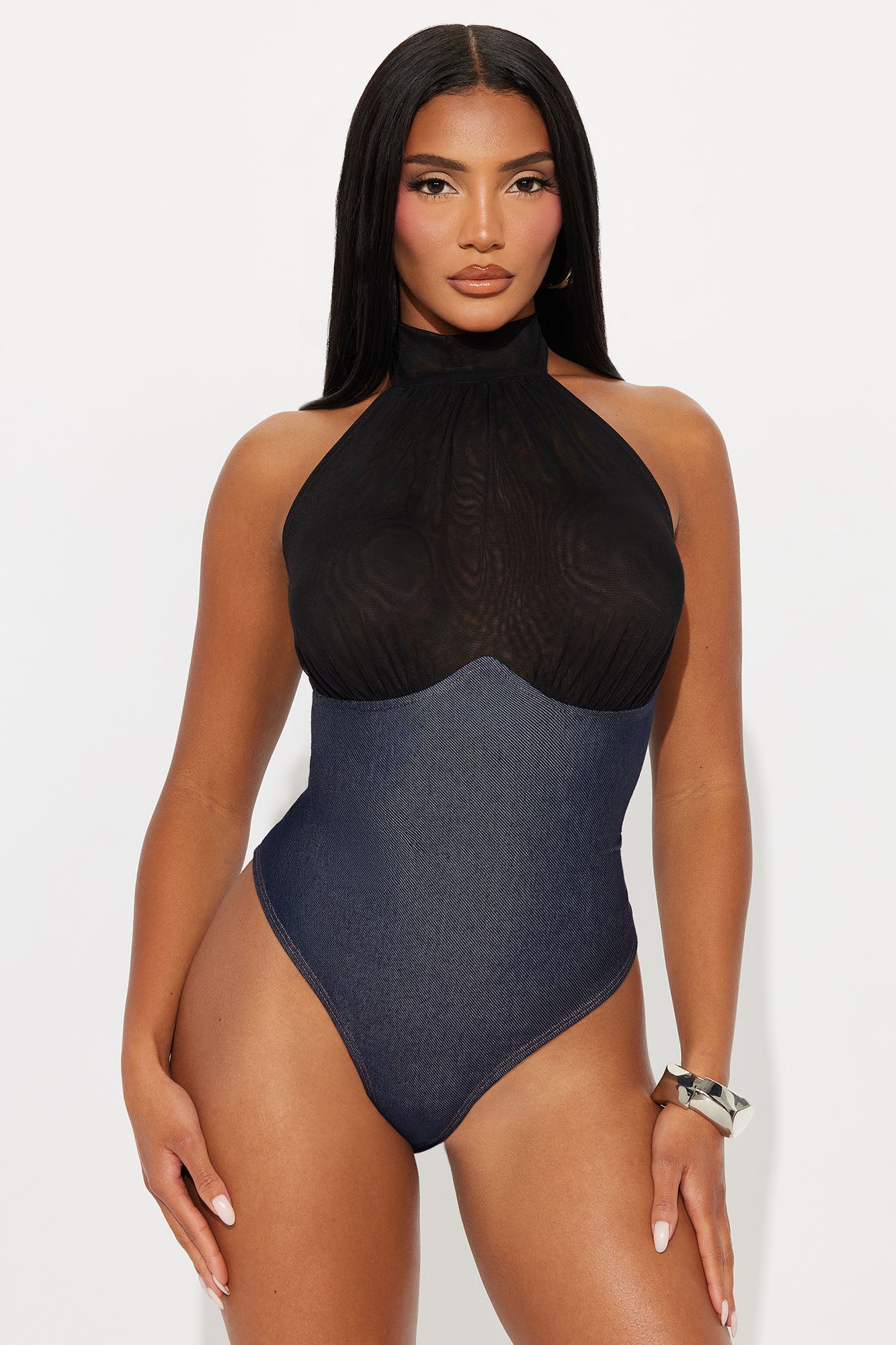 Carter Sheer Halter Mock Neck Bodysuit - Blue/combo