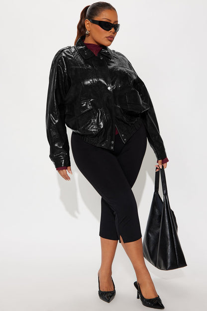 Follow My Lead Faux Leather Oversized Bomber Jacket - Black