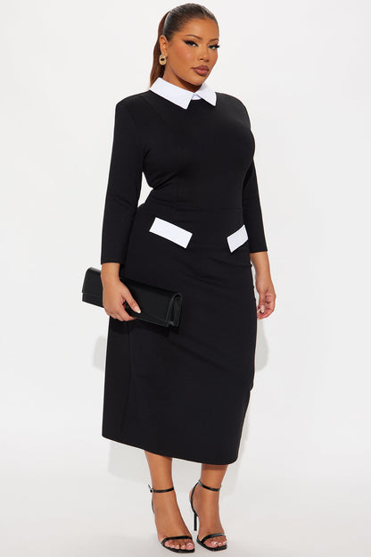 All Business 3/4 Sleeve Ponte Midi Dress - Black/White