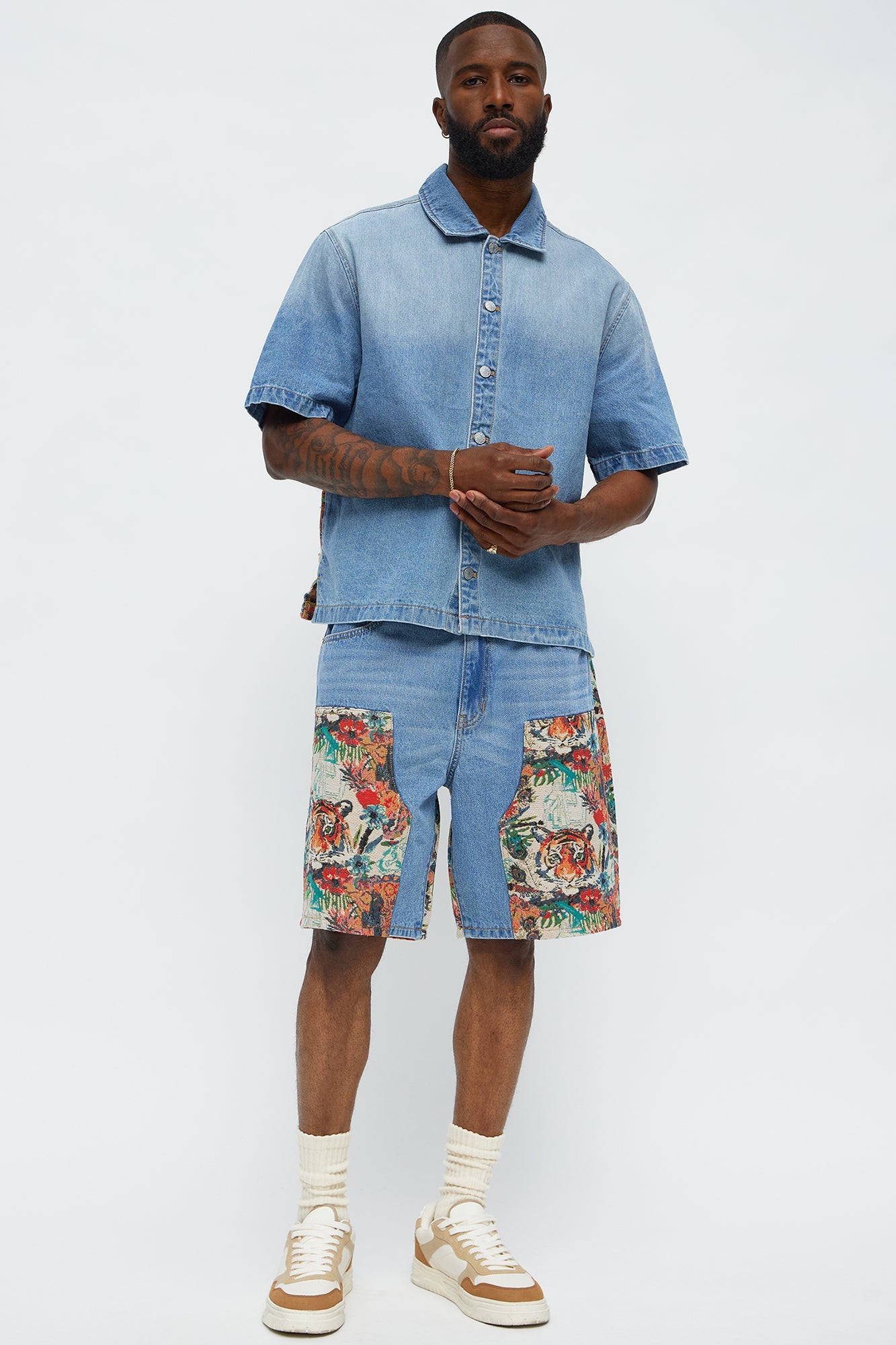 Relaxed Ansel Tapestry Denim Short Sleeve Shirt - Blue/combo