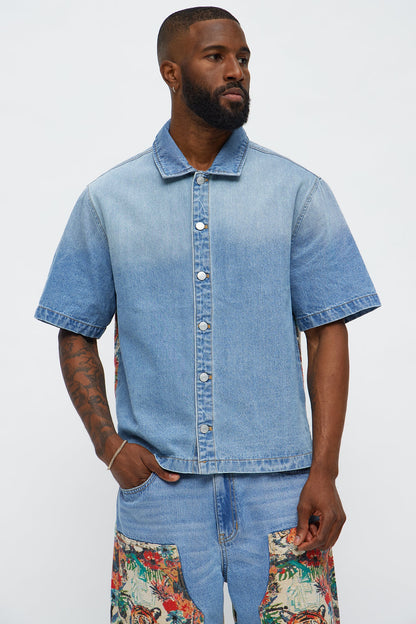 Relaxed Ansel Tapestry Denim Short Sleeve Shirt - Blue/combo