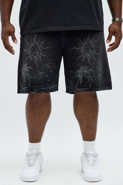 Relaxed You Know The Vibes Be Chill Denim Shorts - Black Wash