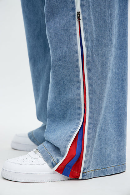Baggy Side Stripe Zip Hit Jeans - Medium Blue Wash