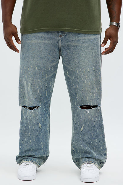 Baggy Scattered Distressed Jeans - Medium Blue Wash