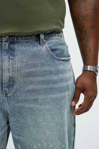 Baggy Scattered Distressed Jeans - Medium Blue Wash