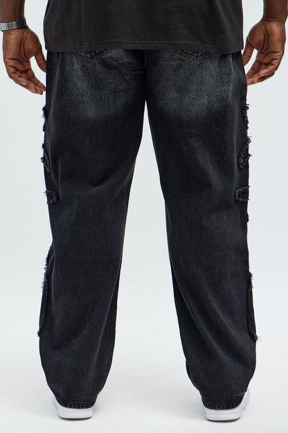 Relaxed Straight Rugged Fray Jeans - Black Wash