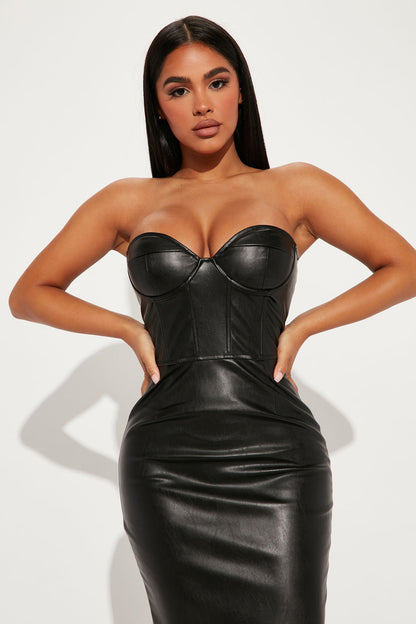 Fall Leaves Faux Leather Midi Dress - Black