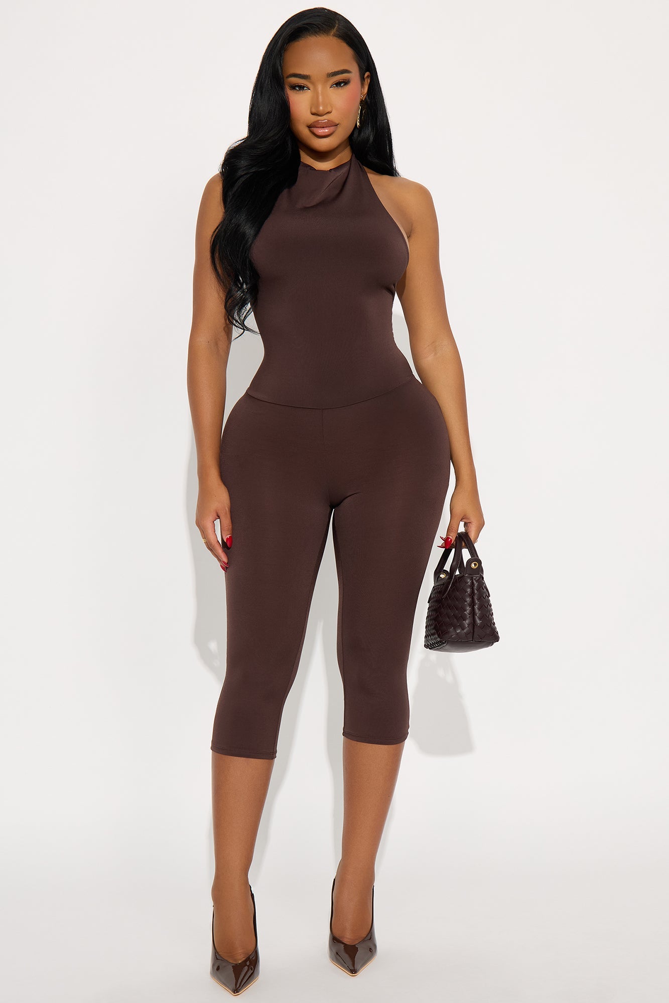 Jacqueline Mesh Backless Capri Jumpsuit - Brown