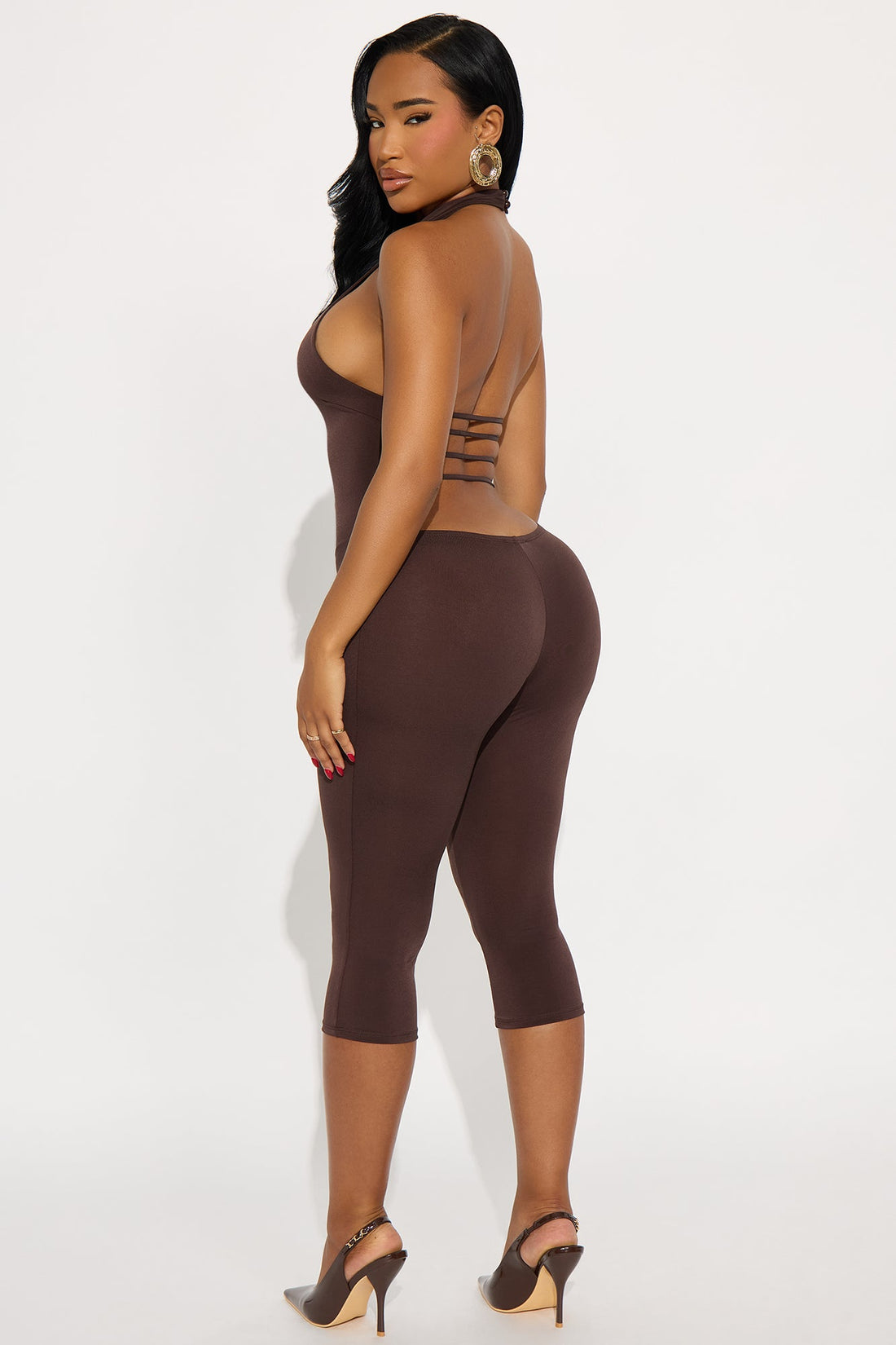 Jacqueline Mesh Backless Capri Jumpsuit - Brown