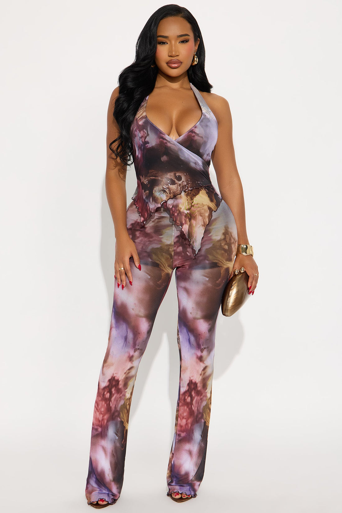 After Dark Mesh Flare Leg Jumpsuit - Plum/Multi