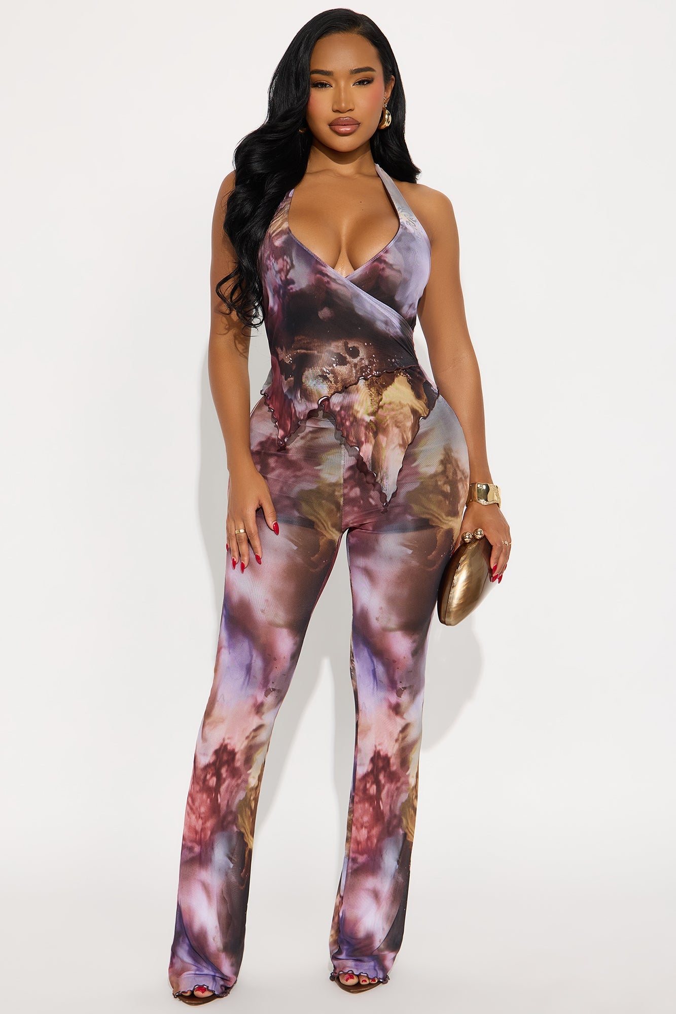 After Dark Mesh Flare Leg Jumpsuit - Plum/Multi