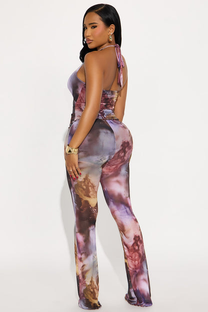 After Dark Mesh Flare Leg Jumpsuit - Plum/Multi