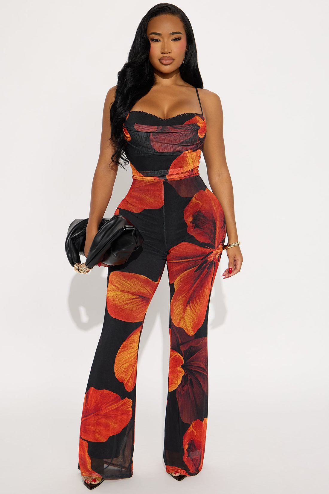Sunset Vibes Mesh Flare Jumpsuit - Red/combo