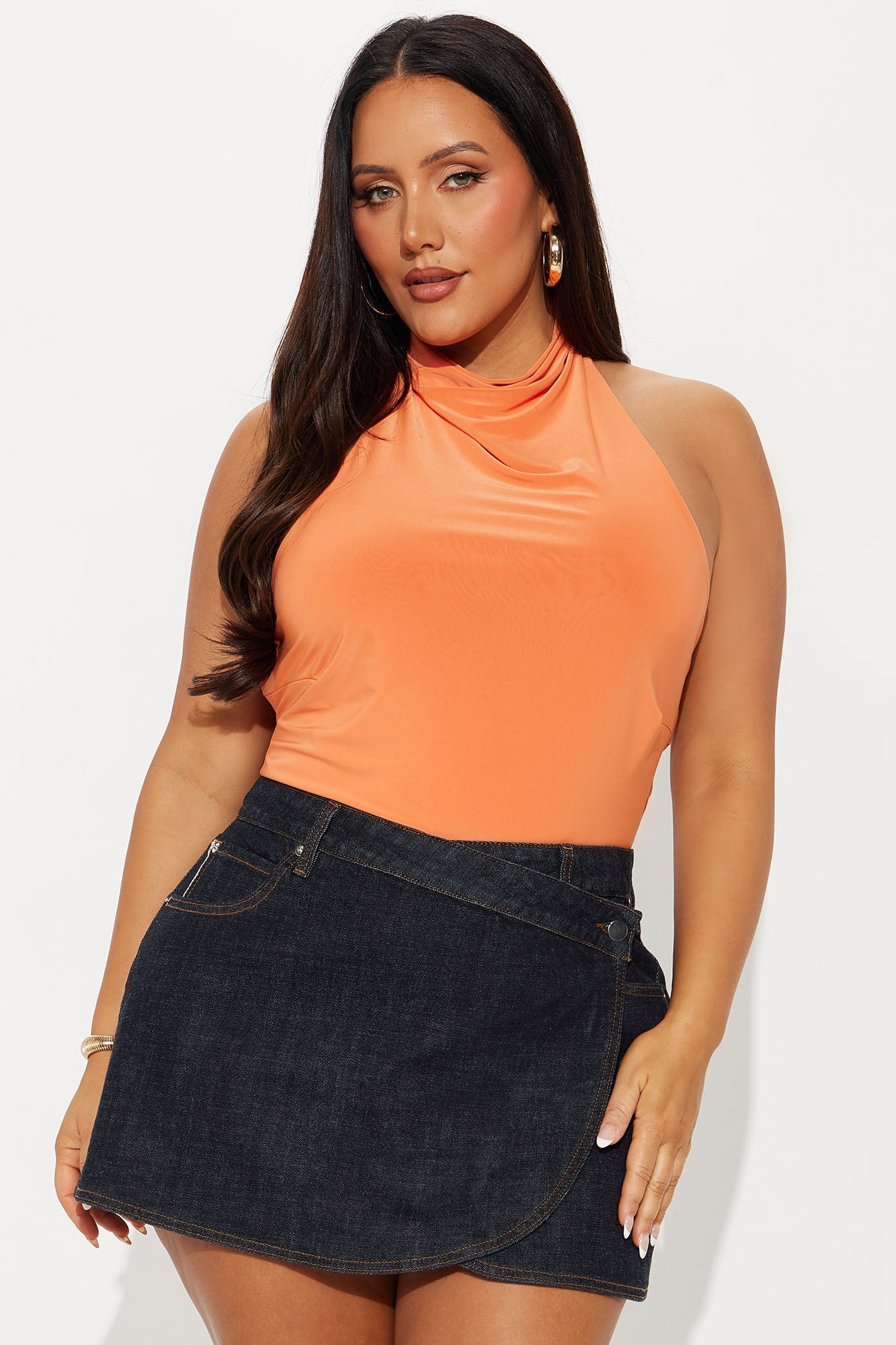 Trista Mock Neck Halter Bodysuit - Orange