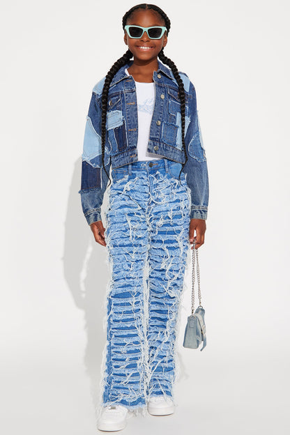 Mini Samantha Heavy Weight Frayed Patchwork Denim Jacket - Blue/combo