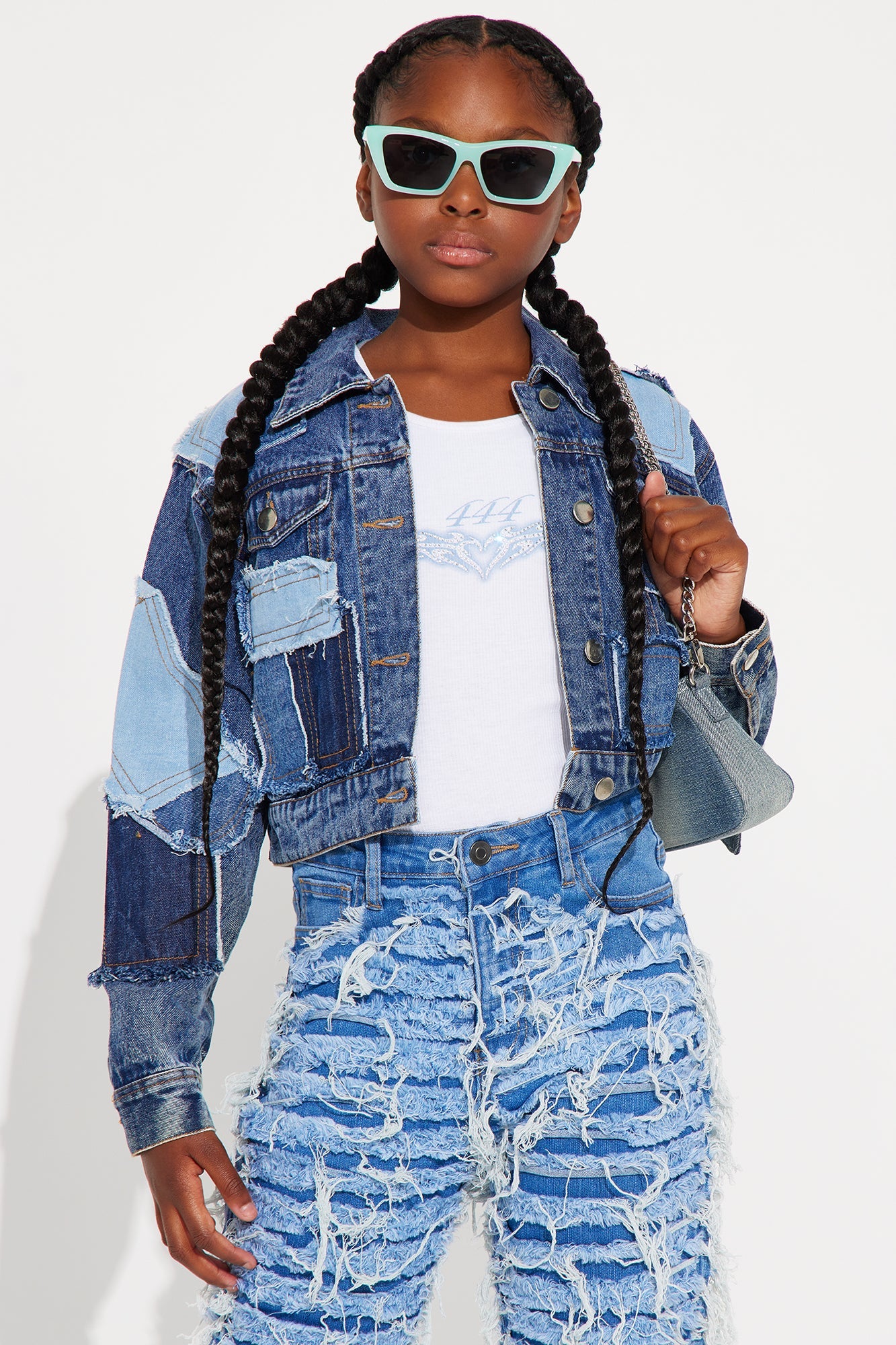 Mini Samantha Heavy Weight Frayed Patchwork Denim Jacket - Blue/combo