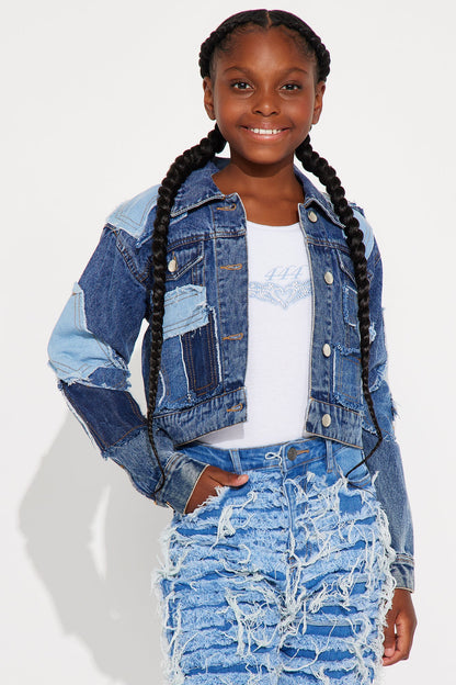 Mini Samantha Heavy Weight Frayed Patchwork Denim Jacket - Blue/combo