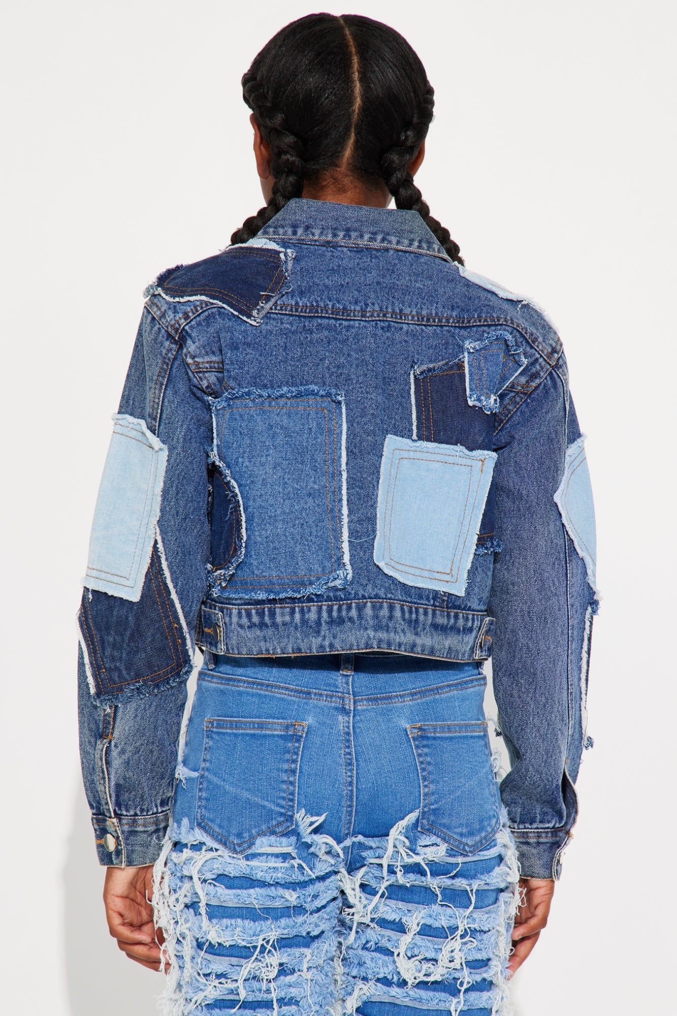 Mini Samantha Heavy Weight Frayed Patchwork Denim Jacket - Blue/combo