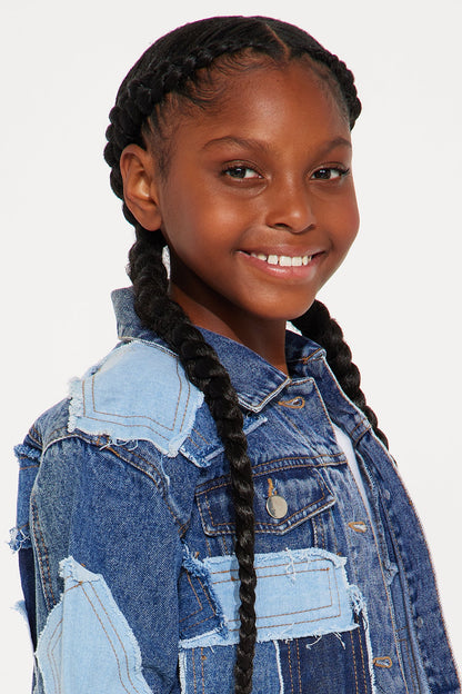 Mini Samantha Heavy Weight Frayed Patchwork Denim Jacket - Blue/combo