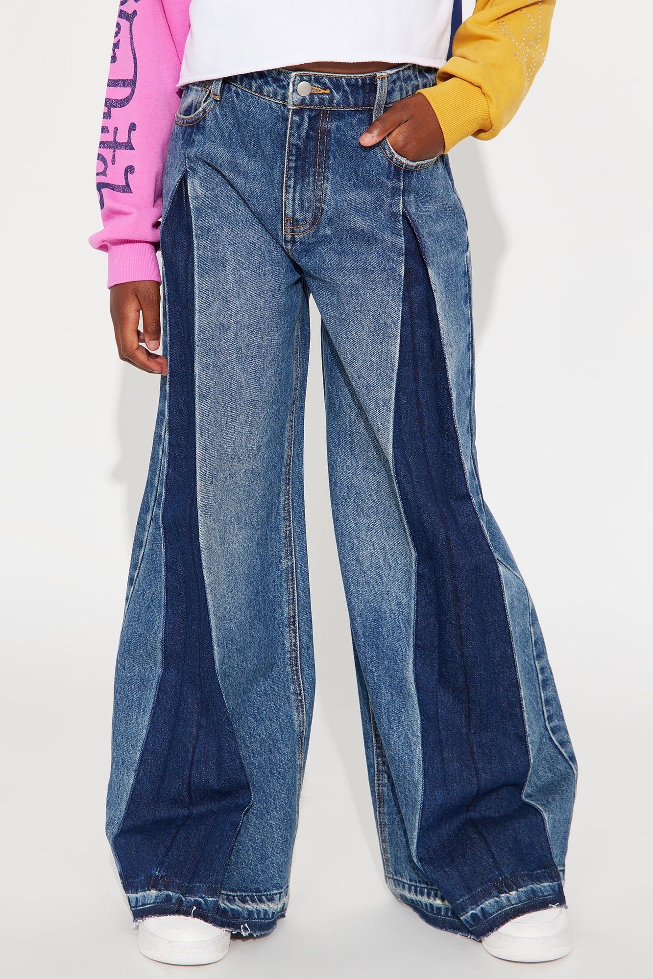 Mini Know You Best Two Tone Wide Leg Jeans - Medium Wash