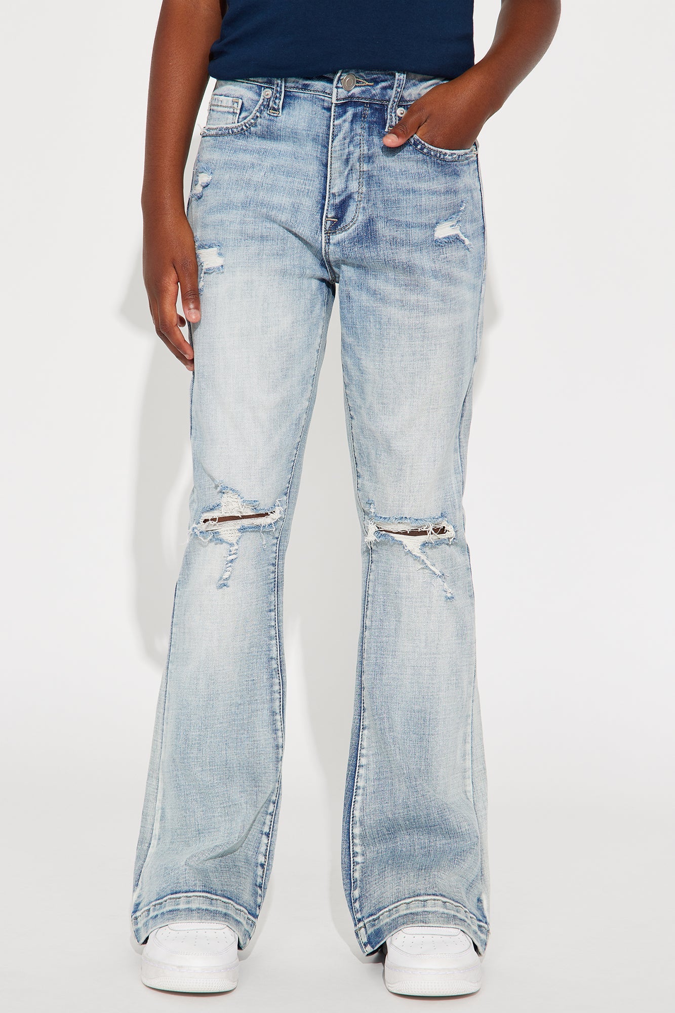 Mini Key Figure Ripped Stretch Flare Jeans - Medium Wash