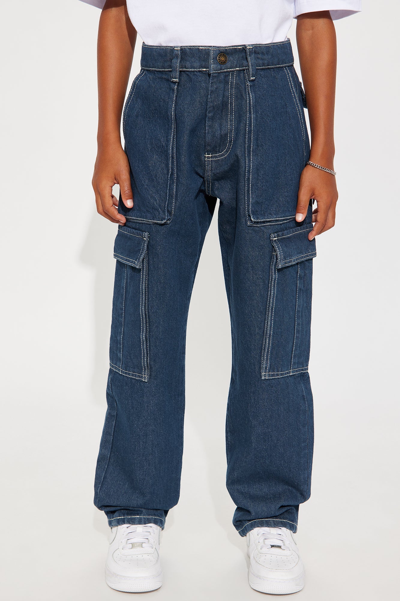 Mini Deep End Contrast Stitch Baggy Cargo Jeans - Dark Wash