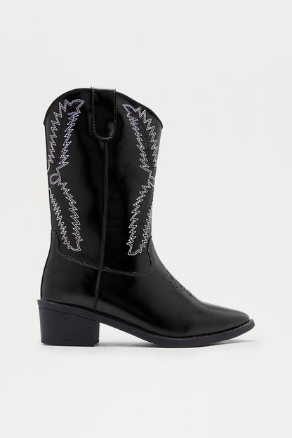 Spur Faux Leather Cowboy Boots - Black