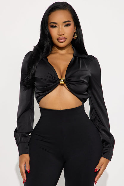 On My Own Time Hardware Satin Blouse - Black