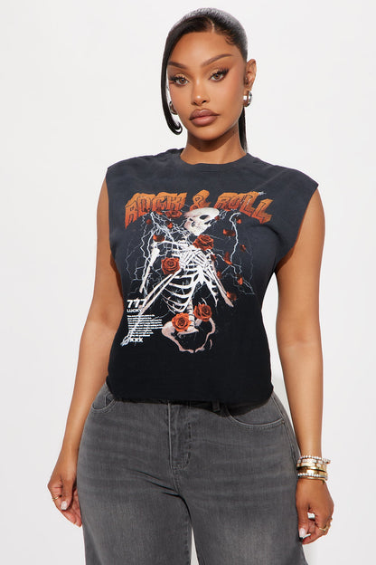Rock &amp; Roll For Life Washed Muscle Tee - Black Wash