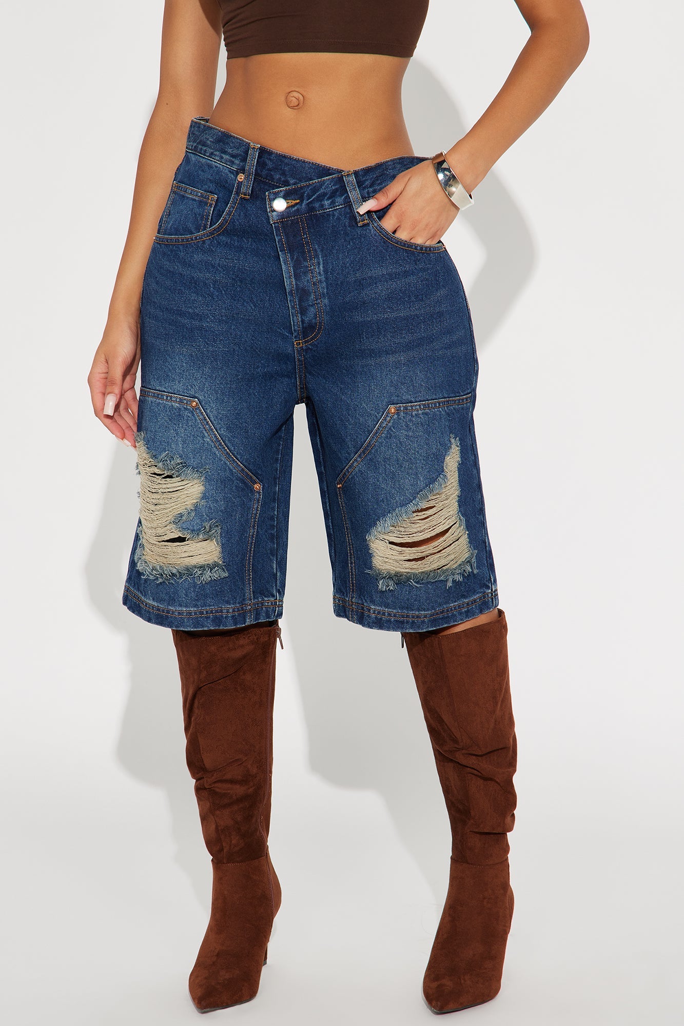 Elsie Crossover Denim Jorts - Dark Wash