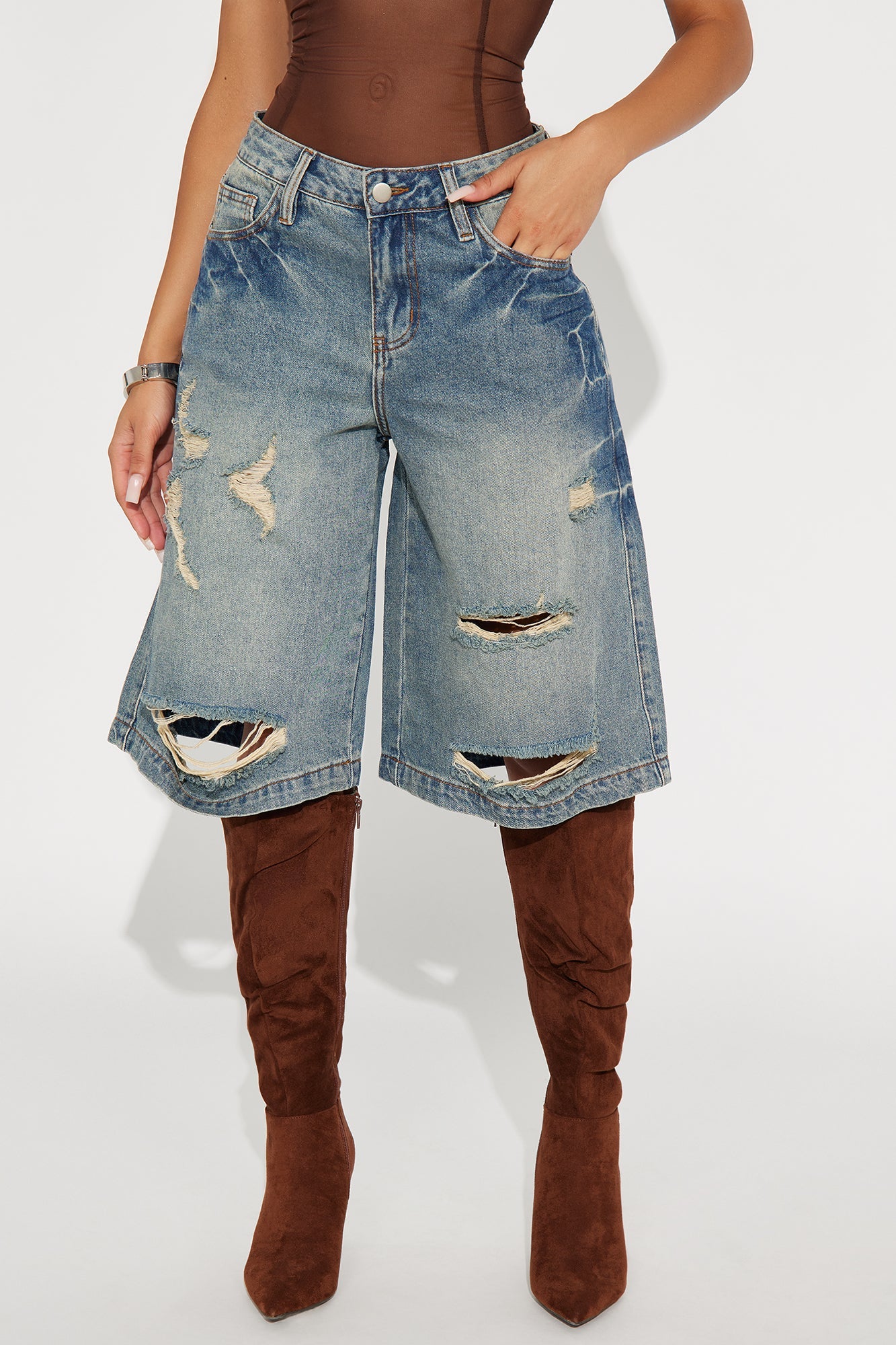 Tear It Up Tinted Ripped Denim Jorts - Vintage Wash