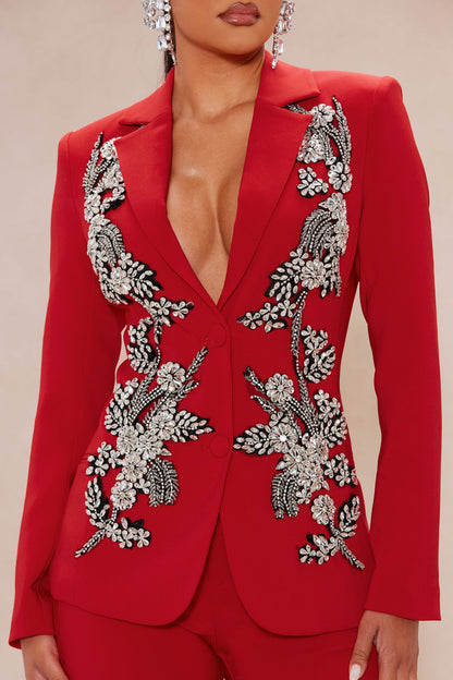 Elegant Embellished Blazer Suit Set - DarkRed